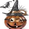 13 Inch Metal Jack O Lantern W/ Witch Hat And Bat