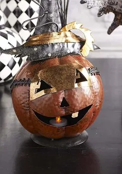 13 Inch Metal Jack O Lantern W/ Witch Hat And Bat -Animatronics Shop 13 metal jack o lantern w witch hat and bat alt 1