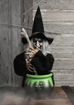 17" Brewing Witch With Black Cauldron
