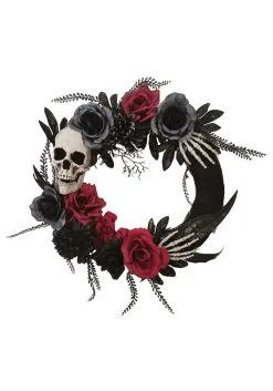 18 Inch Black Skull Wreath With Hands And Roses Decoration