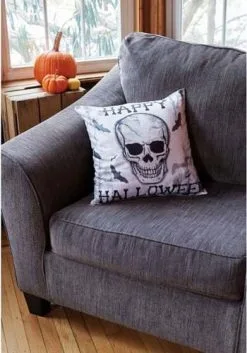 18 Inch Happy Halloween Skull Pillow Cover -Animatronics Shop 18 inch happy halloween skull pillow cover alt 1