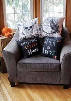 18 Inch Happy Halloween Skull Pillow Cover -Animatronics Shop 18 inch happy halloween skull pillow cover alt 2
