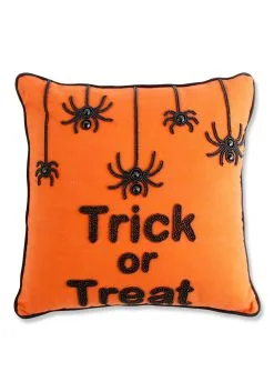 18 Inch Orange Square Beaded TRICK OR TREAT Pillow With Spiders