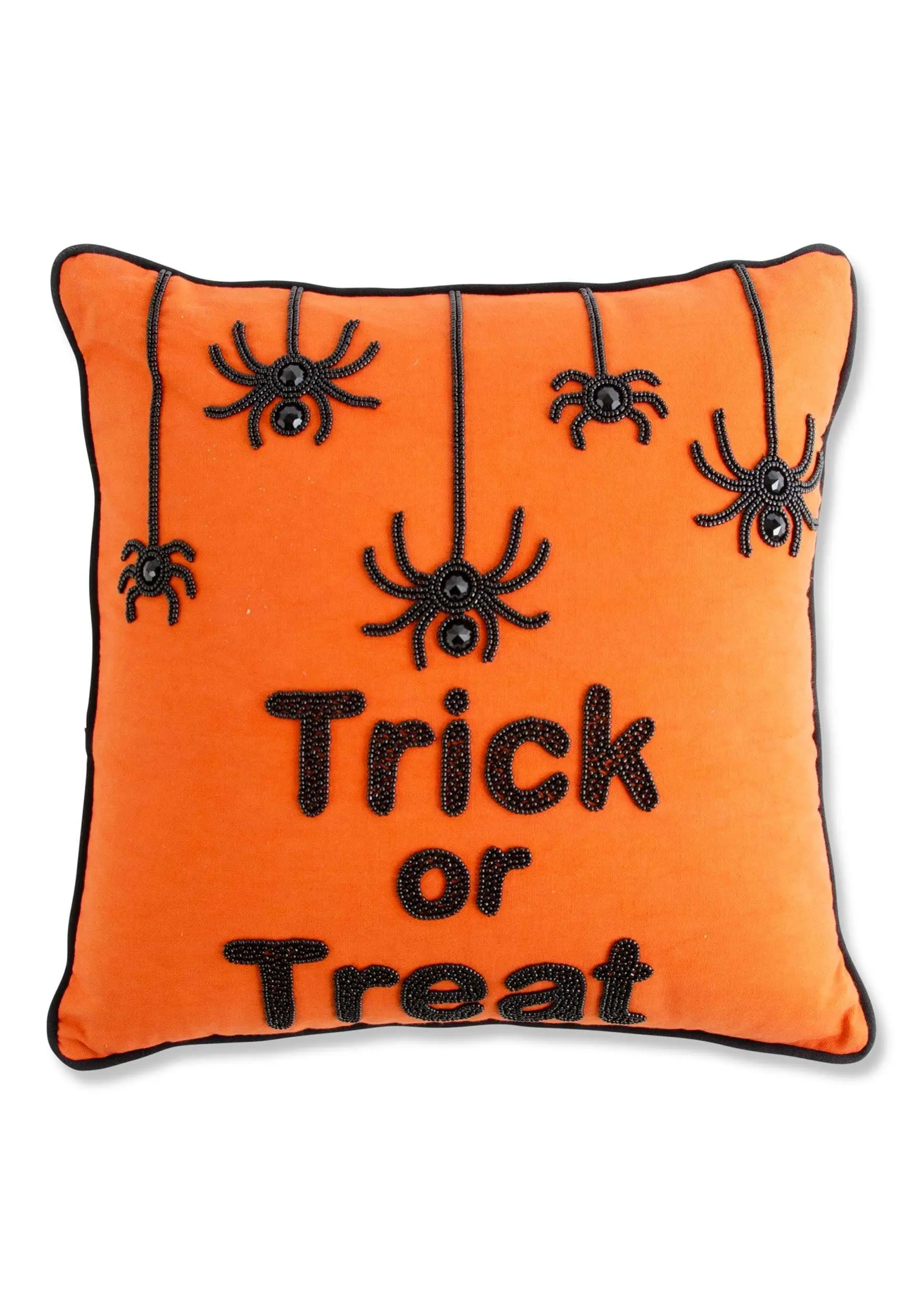 18 Inch Orange Square Beaded TRICK OR TREAT Pillow With Spiders 3 18 Inch Orange Square Beaded TRICK OR TREAT Pillow With Spiders