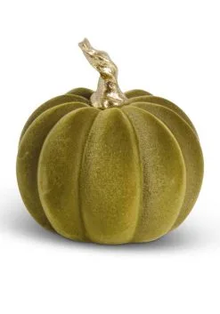 3.5" Green Velvet Pumpkin W/Twisted Gold Stem