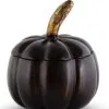 5 Inch Black Mango Wood Pumpkin With Lid And Gold Stem 2 5 Inch Black Mango Wood Pumpkin With Lid And Gold Stem -Animatronics Shop 5 inch black mango wood pumpkin with lid and gold stem