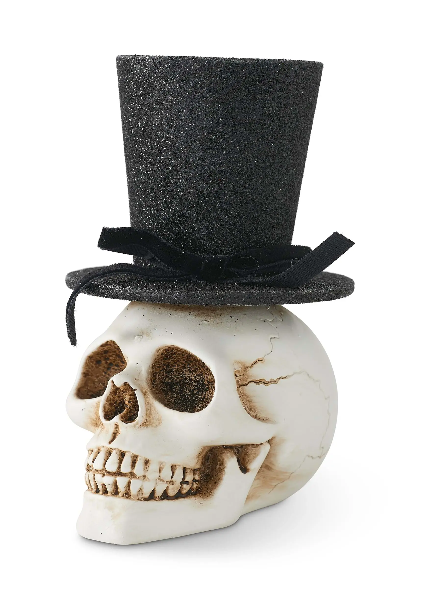 5 Inch Resin Skull With Glittery Black Top Hat 3 5 Inch Resin Skull With Glittery Black Top Hat