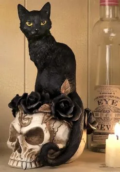 7" Black Cat Sitting Skull Decoration -Animatronics Shop 7 black cat on skull alt 1