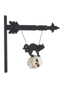 8 Inch Black Resin Cat On LED Skull Arrow Figure Halloween Decoration