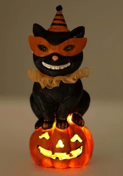 8" Party Hat Black Cat On LED Pumpkin -Animatronics Shop 8 inch black cat with party hat on led pumpkin alt 1