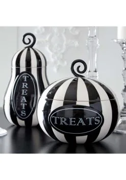Nine Inch Black And White Striped Pumpkin Treats Container -Animatronics Shop 9 black and white striped pumpkin treats containe alt 1