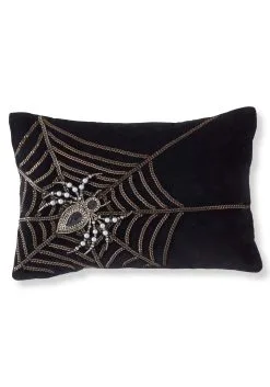 14 Inch Black Velvet Pillow With Chain Web And Beaded Spider
