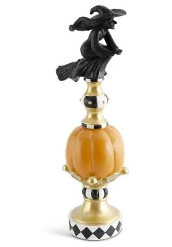 17 Inch Resin Black White Orange And Gold Finial With Flying Witch