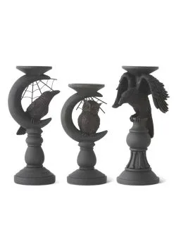 Set Of 3 Halloween Matte Black Candleholders