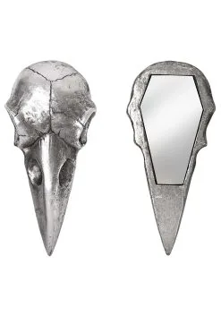 Raven Skull Silver Hand Mirror -Animatronics Shop silver raven skull hand mirror alt 2