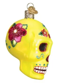 Yellow Sugar Skull Christmas Tree Ornament -Animatronics Shop sugar skull ornament alt 3